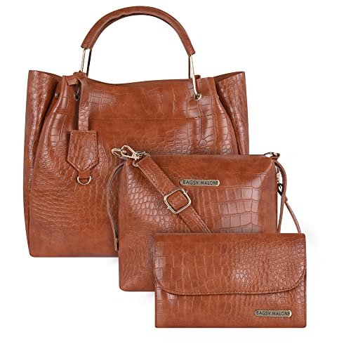 Bagsy Malone Women’s Vegan Leather Stylish Tote Bag Pack of 3 | Ladies Purse Handbag (Croco Maroon)