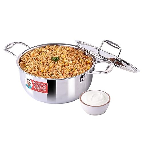 Wonderchef Nigella Tri-ply Stainless Steel 22 cm Casserole | 3.2 litres | 2.6mm Thickness | Induction Base | Compatible with All cooktops | Riveted Cool-Touch Handle | 10 Year Warranty