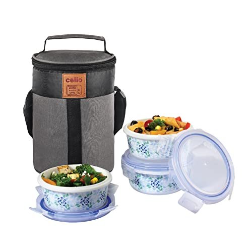 CELLO Mosaic Rose Opalware Lunch Box with Jacket, 3 Containers Lunch Box, 300ml