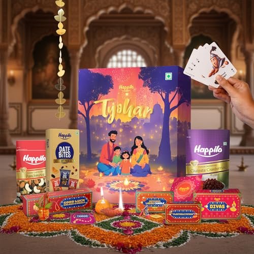 Happilo Tyohar Gift Box with 10 Inclusions | Scented Candles | Plantable Pataka | Playing Card | Kalash &Mouli | Panchmeva | Diyas | Greeting Card | Toran | Dry Fruits | Gift Hamper | Corporate Gifting | Dry Fruits Gift