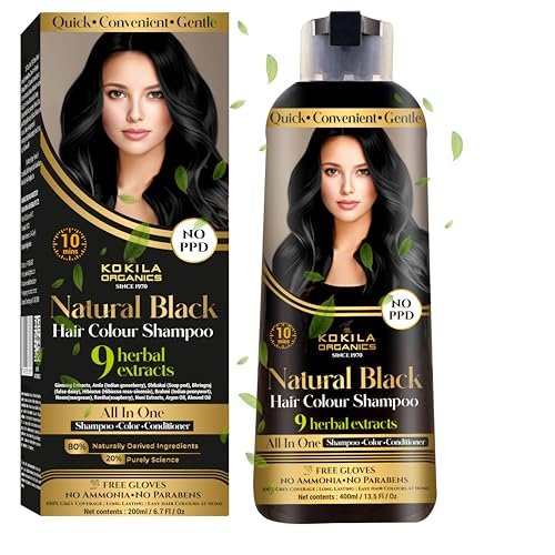 Kokila NO PPD Shampoo Hair Colour – Black 400ml for Women and Men | Natural Extracts | Colours Hair in 10 Minutes | Ammonia Free, Paraben Free – 10 Pair Free Gloves