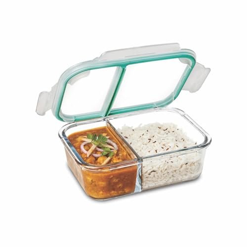 Signoraware Slim Borosilicate Glass Two Compartment Lunch box | Microwave & Dishwasher safe | Airtight & Leakproof | Retain Freshness | Ideal for Office, College or outdoor use (Clear | 600ml)