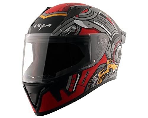 Vega Bolt Superhero ISI Certified Full Face Motorcycle Helmet with Impact Resistant ABS Shell High Density EPS Liner Scratch Resistant Visor Quick Release Buckle Comfortable Inner Padding Dull Black Red Helmet-M