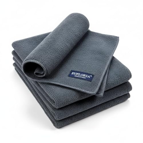 EUFLORIA Microfiber Cloth 4 PCS – 40×40- CM 340 GSM Grey, Thick Lint & Streak-Free Multipurpose Cloths – Automotive Microfibre for Car Cleaning Polishing Washing & Detailing (Pack of 4)