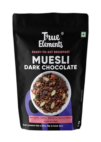 True Elements Dark Chocolate Muesli 1kg | Nuts & Berries Muesli | 13g Clean Protein | 13% Millet | Cereal for Breakfast | Gluten Free Breakfast
