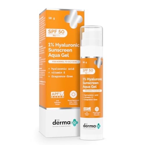 The Derma Co 1% Hyaluronic Sunscreen Aqua Gel SPF 50 PA++++ | Hydrating, Lightweight & Non-Greasy | No White Cast | Broad Spectrum & Blue Light Protection | Clinically Tested – (In-Vivo) | 50 g
