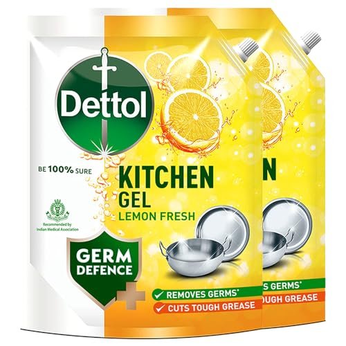 Dettol Lemon Fresh Dishwash liquid and Kitchen Gel || Cuts Tough Grease || Remove germs || 1500ml, (Refill Pack) (Pack of 2)