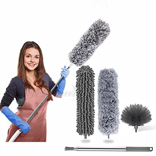 Fulminare 3 in 1 Microfiber Feather Duster 4PCS Bendable & Extendable Fan Cleaning Brush with 100 inches Expandable Pole Handle Washable Mop for High Ceiling Fans (King)