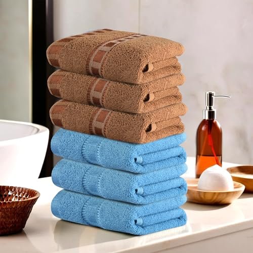 Urbane Home Pack of 6 Cotton Hand/Face Towels for Men & Women | Easily Washable | Workout Gym Napkins for Men | Pocket Towel – Sky Blue & Golden