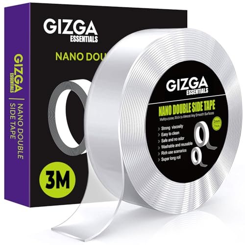 GIZGA essentials Nano Tape Double Sided Heavy Duty | Reusable Washable Gel Grip (No Drill/No Residue) Multipurpose Super Sticky, Wall Mounting Tape for Home, Office, Car (3 Meter Transparent)