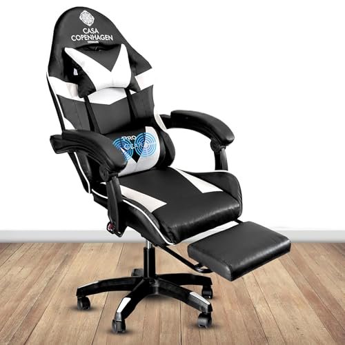 Casa Copenhagen Designed in Denmark,High-Back Italian Leather Gaming Ergonomic Chair with Advanced Mechanism & Electric Back Massager, Memory Foam Seating & Multi Function Arm-Rest – White & Black