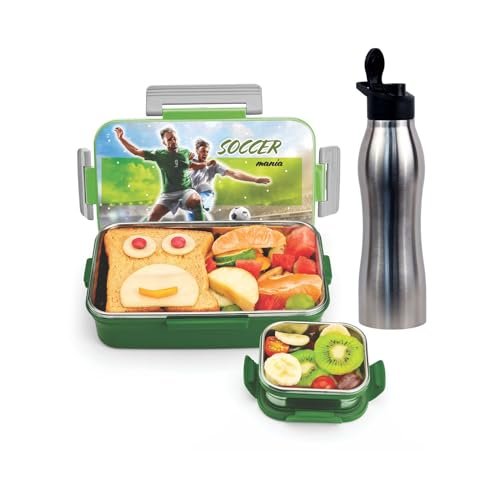 SIGNORA WARE Delight C Nugget Stainless Steel Printed Lunch Box Set for Kids | Airtight Lid with Clip Lock | Compact & Sleek Size | Great for Picnics & Outdoors (700ml + 130ml + 750ml Bottle | Green)