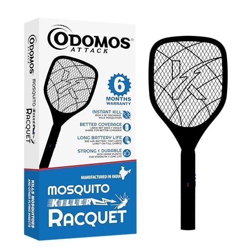 Odomos Attack Anti – Mosquito Rechargeable Racquet | 400mAH Battery | Large Net Area for Better Coverage | Long Lasting Internal Battery with Plug in Socket | 6 Months Warranty (Black)