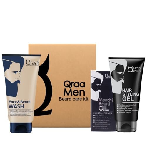 Qraa Beard Care Kit for Men | Beard Oil for Growth & Nourishment, Face & Beard Wash for Deep Cleansing, Hair Styling Gel for Strong Hold | Suitable for All Skin & Hair Types | Set of 3