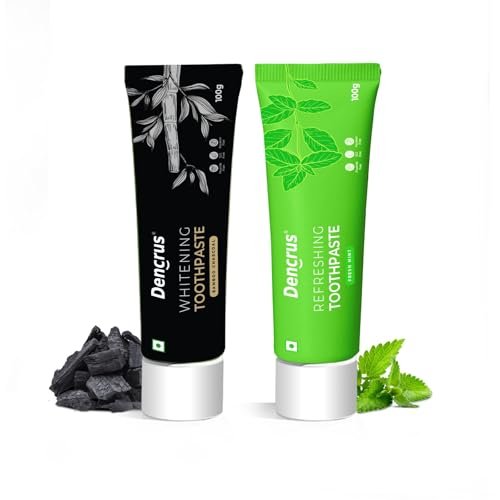 Dencrus Charcoal & Mint Toothpaste Combo | Fluoride-Free | Teeth Whitening Toothpaste for Sensitive Teeth | Cavity Control | Total Repair | Gum Care | 200gm | Pack of 2 X 100gm