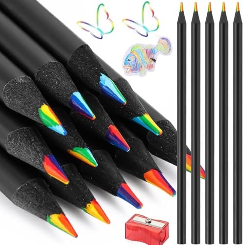VIHM 12 Colors Rainbow Pencils for Kids Adults, Rainbow Colored Pencil Art Supplies for Girls Boys, Black Wood Multi Colored Pencils for Coloring Drawing Sketching, Pre-sharpened with Free Sharpener