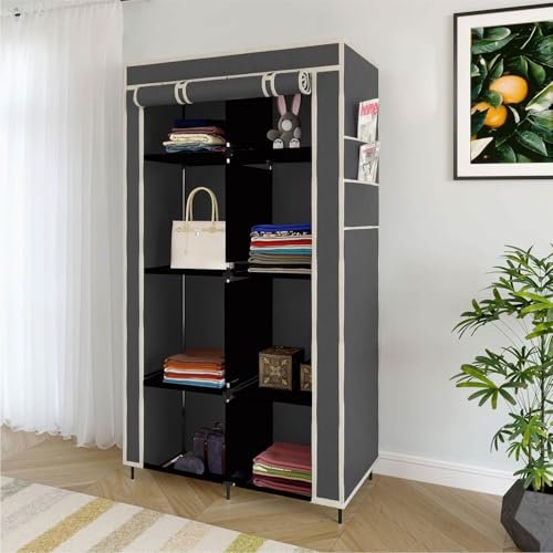 Whitecloud TRANSFORMING HOMES® 4+4 Layers Collapsible Wardrobe for Clothes with 6 Shelves, 2 Side Pocket and (Non Woven Febric and Metal Rod, 84×42.5x166cm)(Grey,7800-2)