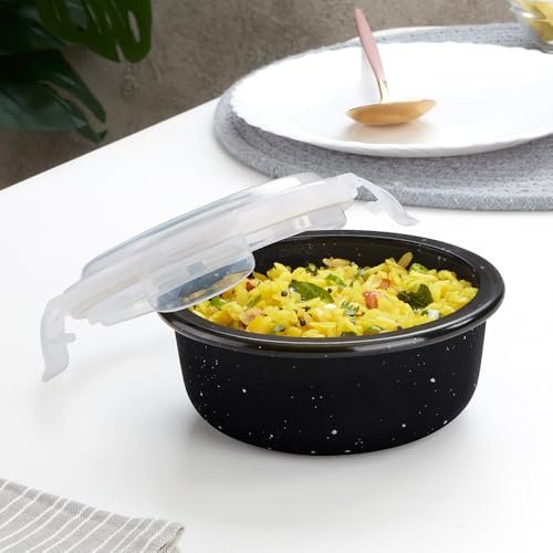 Borosil 400 ml Pebble Black Food Storage Container with Air Tight Lid | Round Shape Borosilicate Glass Organiser | Microwave & Dishwasher Safe | For Fridge, Kitchen Storage