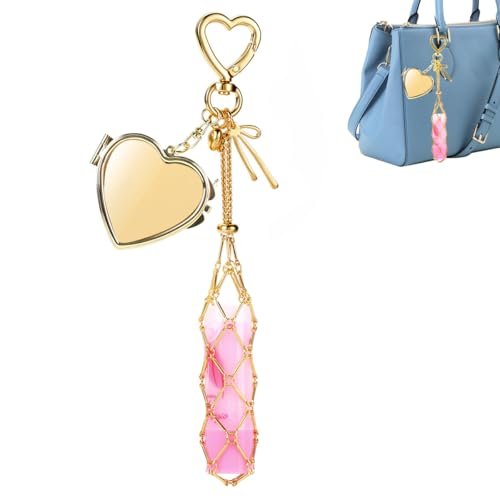 MAYCREATE® Bag Charms Y2K Metal Net Lipstick Holder Keychain with Touch Up Mirror, Fashion Golden Heart-Shaped Clasp Makeup Lipstick Balm Organizer Portable Chic Bag Charm Accessories