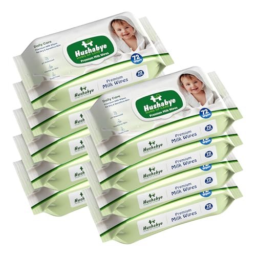 Hushabye Premium Milk Baby Wipes with lid- 0+ Months, pH balanced, Paraben & Alcohol Free, Moisturising & Thick Wipes with purified Water, Gentle & soothing, 648pcs, Pack of 9