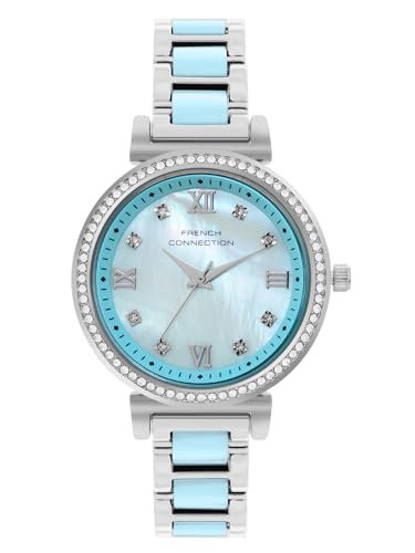 French Connection Mop Blue Round Dial with Blue Two Tone Stainless Steel & Plastic Link Strap Watch – for Womens FCB13USM