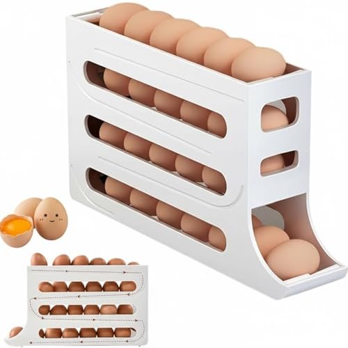 Accohom 30 Eggs Tray Storage Box Baskets Holder Dispenser Refrigerator Space-Saving Stackable Plastic Automatic Roller Organizer Storage Containers for Kitchen Tools Items (Pack of 1)