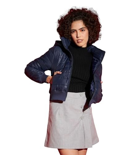 Navy Hooded Crop Bomber Jacket