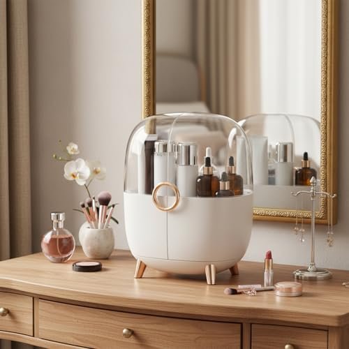 Amazon Basics Multi-Color Cosmetic Storage Box with LED Mirror – White,Large Capacity, Portable Design