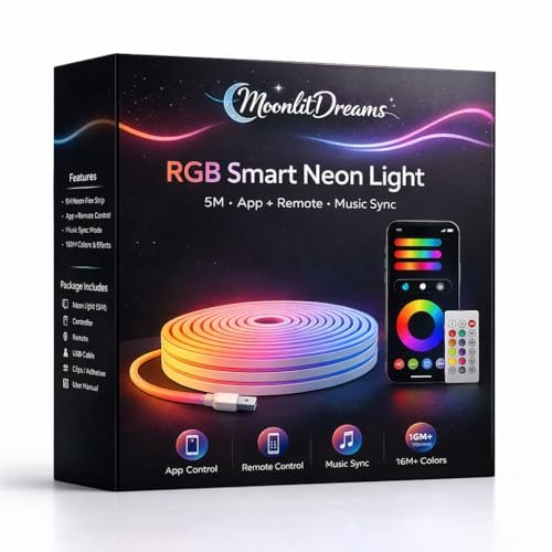 MoonlitDreams 5 Meter Smart RGB Neon LED Strip Lights with App & Remote | Music Sync Rope Light for Indoor Room, Gaming, Party, Diwali & Home Decoration