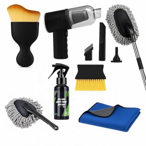 7 PCS Car Cleanig Kit with 3-in-1 Mini Vacuum Cleaner, Microfiber Cloth,Big Duster,Car Cleaning Glove,Wheel Brush,AC Vent Brush&Interior Cleaning Extended Handle,for velar,Truck,Bike Cleaning Tools
