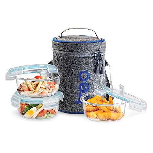 Treo by Milton All Fresh Borosilicate Glass Lunch Box Set of 3, Clear, 400 ml Each with Durable Lunch Bag, Microwave & Dishwasher Safe, Leakproof Containers, Office Tiffin