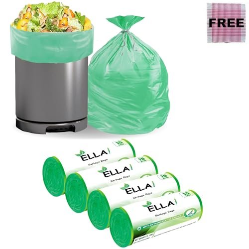 Ella Garbage Bags 24×32 Inches (Large) 60 Bags (4 Rolls) Leak Proof & Tear Resistant Trash Bags for Kitchen Home & Commercial Use -Dustbin Bags For Dry & Wet Waste With Free Check Duster Cloth – Green