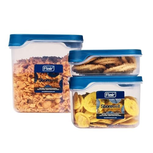 FLAIR Storewell Square Food Storage Containers Set of 3 (550 ML, 1150 ML, 1800 ML)- Blue, Air Tight Containers for Kitchen Storage Ideal kitchen box for Rice, Atta and Grains, BPA-Free, Food Grade