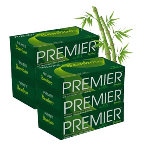 Premier Bamboo Tissue Paper Box – 600 Sheets | Super Soft 2-Ply Car Tissue Box – 100 Pulls x Pack of 6 | Ultra Absorbent & Eco-Friendly Facial Tissues | Travel-Friendly & Gentle on Skin