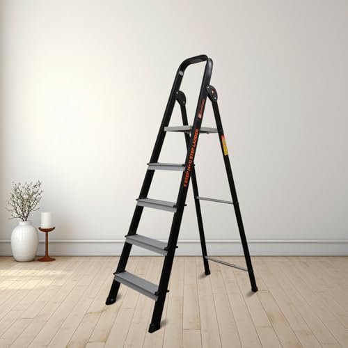 Bonkaso Climb Lite Pro 5 Steps Foldable Aluminium Ladder, Load Capacity upto 120kg, Multipurpose ladder for home & office, Anti-Skid Steps, Heavy Duty Platform, 5 Years Warranty (165h x 49w Cms) Black
