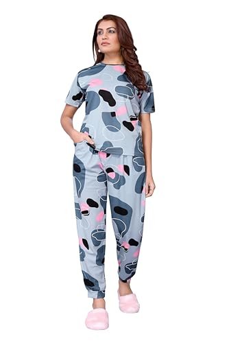 VJ Fashion Women’s Cotton Lycra Printed & Knitted Round Neck Night Wear Set of Top and Pazama_Set(Grey)