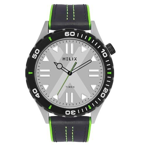 Helix by Timex Analog Watch for Man with Grey Round Dial & Black Leather Strap Band Water Resistant Men’s Wrist Watches – TW052HG03