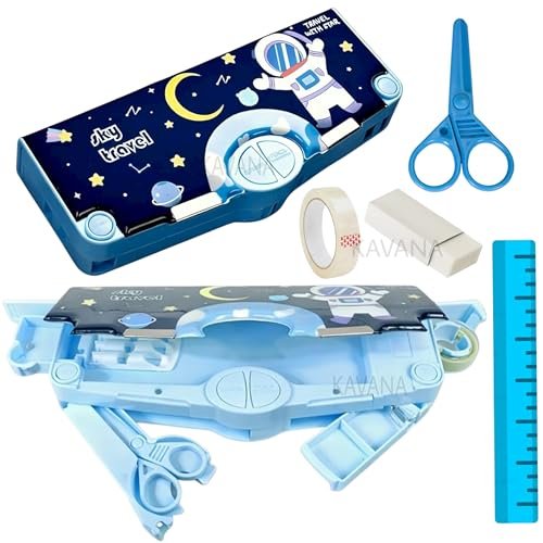 KAVANA® Plastic Branded Multi-Functional Pencil Box for Kids, Space Pencil Box for Boys & Girls, Magnetic Pencil Box for Boys, Space Theme Gifts for Kids with Accessories. (Navy Blue Astronaut)