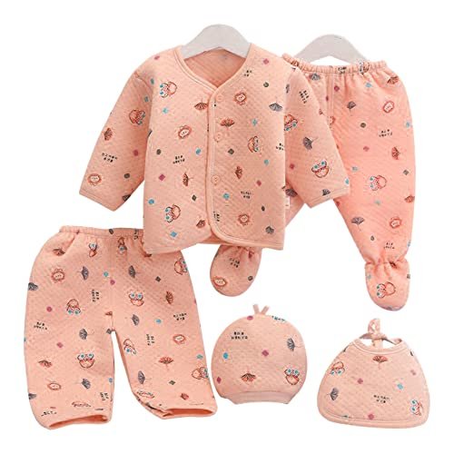 Guru Kripa Baby Products Newborn Baby Winter Wear Keep Warm Cartoon Printed Baby Clothes Cotton Baby Boys Girls Unisex Baby Fleece Suit Infant Clothes 5 Pcs Sets Orange For 0-3 Months