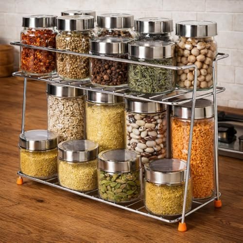 CHHAAP Stainless Steel 2 Layer Spice Rack | Modular Kitchen Storage Organizer | Multipurpose Shelf for Countertop, Tabletop | Tiered Silver Rack (Pack of 1) (NHSP)