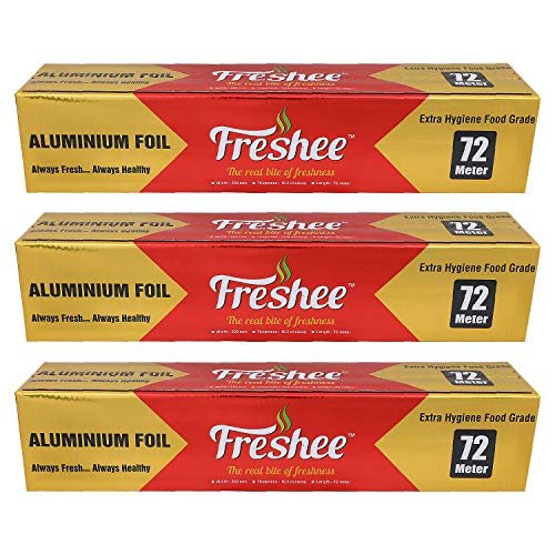 Freshee 72m Aluminium Silver Kitchen Foil Roll Paper Pack of 3, 11 Micron Thick Food wrap Disposable Food Parcel Fresh Food