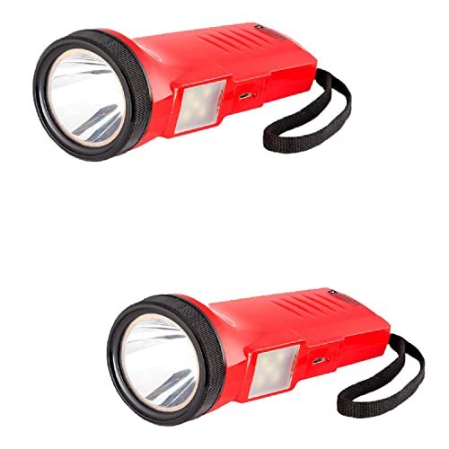 Lexton Duo Torch Light | 2W USB 1200 mAh | Rechargeable 2 in 1 LED Torch Emergency Light | with Long Distance Beam Range (Red) | Medium | Pack of 2