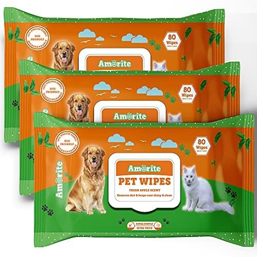 AMORITE Anti-Bacterial 240 Count Pet Wipes with Fresh Apple Scent for Dogs, Puppies & Pets (Pack of 3) Suitable for All Types of Pets’ Dry Bathing, Daily Care, Paw Cleaning Wipes