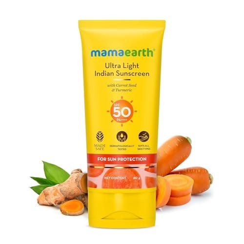 Mamaearth Ultra Light Indian Sunscreen with Carrot Seed & Turmeric | SPF 50 PA ++++ | UVA & UVB Protection | Tan Protection | No White Cast | Non-Greasy & Quick Absorbing | Super Lightweight | Suits All Skin Types | In-Vivo Tested | 80 g