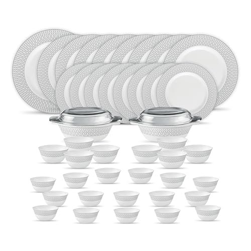 La Opala Diva Velvett Collection Opal Glass Crockery | for Family of 8 | Dinner Set 45 pcs Tudor Grey | Plates & Bowls for Dining | Microwave Safe | 100% Vegetarian | Extra Strong | Light & White