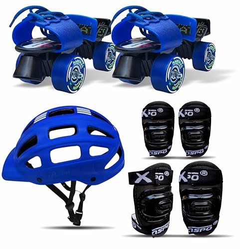 jaspo Unisex Marshal Trainers Adjustable Inline_Skate_Wheel Roller Skates Combo (Skates + Helmet + Knee Guards & Elbow Guards) – for Age Groups 6 to 14 Years | Academy & School Level Skating, Blue