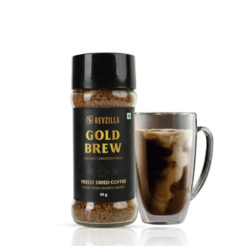 Bevzilla Gold Brew Instant Freeze Dried Coffee Powder – 95g Jar |Arabica Coffee | Best for Hot & Cold Brews | Best for Espresso, Cappuccino & Iced Coffee | No Preservatives | Unbreakable Jar