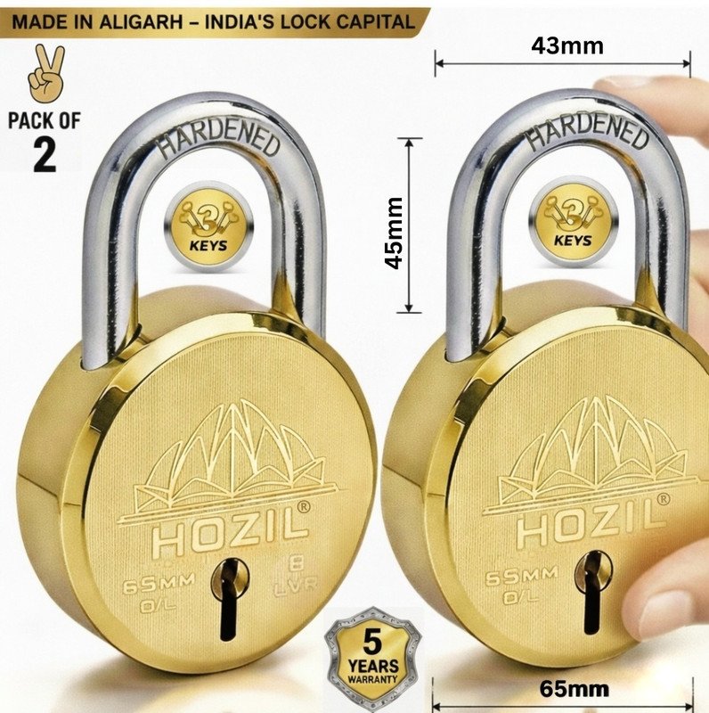 HOZIL 65MM Lotus Design | Hardened Shackle | Double Locking | 8 Levers (Pack of 2) Padlock(Gold)