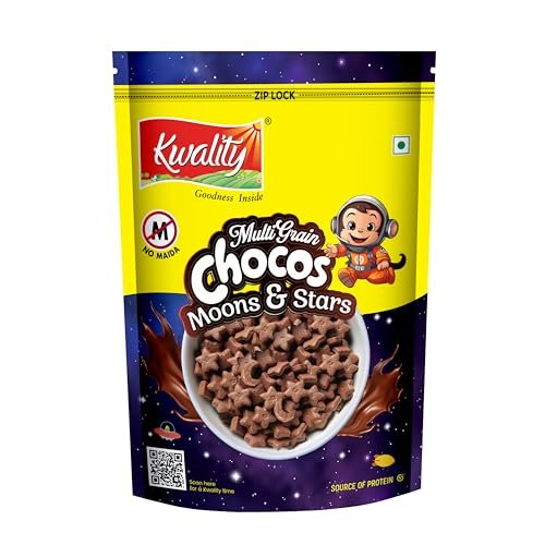 Kwality Multigrain Chocos Moons and Stars 375g | Delicious Breakfast Cereal for Kids | Fortified with Iron & Vitamins | Wholesome & Crunchy Snack