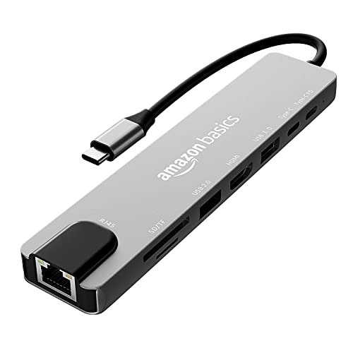 Amazon Basics USB Type-C Hub Dock, 8-in-1 HDCP Aluminium Adapter with 4K HDMI & Ethernet Port,100mbps, Power Delivery, TF/SD Card Reader, Mac & Windows USB-C & 3.0 Devices